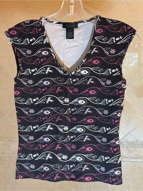 The Limited Black Floral V-Neck Tank Top with Pink and White Accents